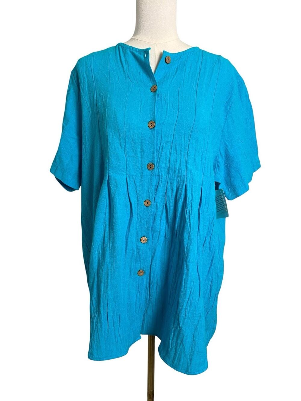 Tumbleweeds Tunic Shirt Womens 16 Blue Button Up Short Sleeve Cotton Top NWT